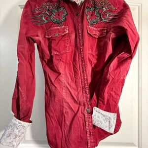 Roar Red Embroidered Button Down Shirt